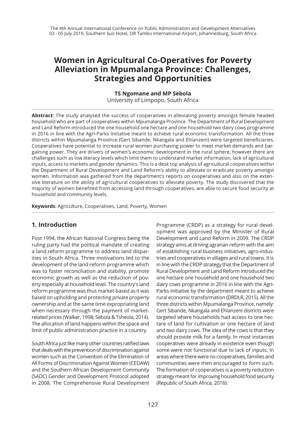 Women in Agricultural Co-Operatives for Poverty Alleviation in Mpumalanga Province: Challenges, Strategies and Opportunities