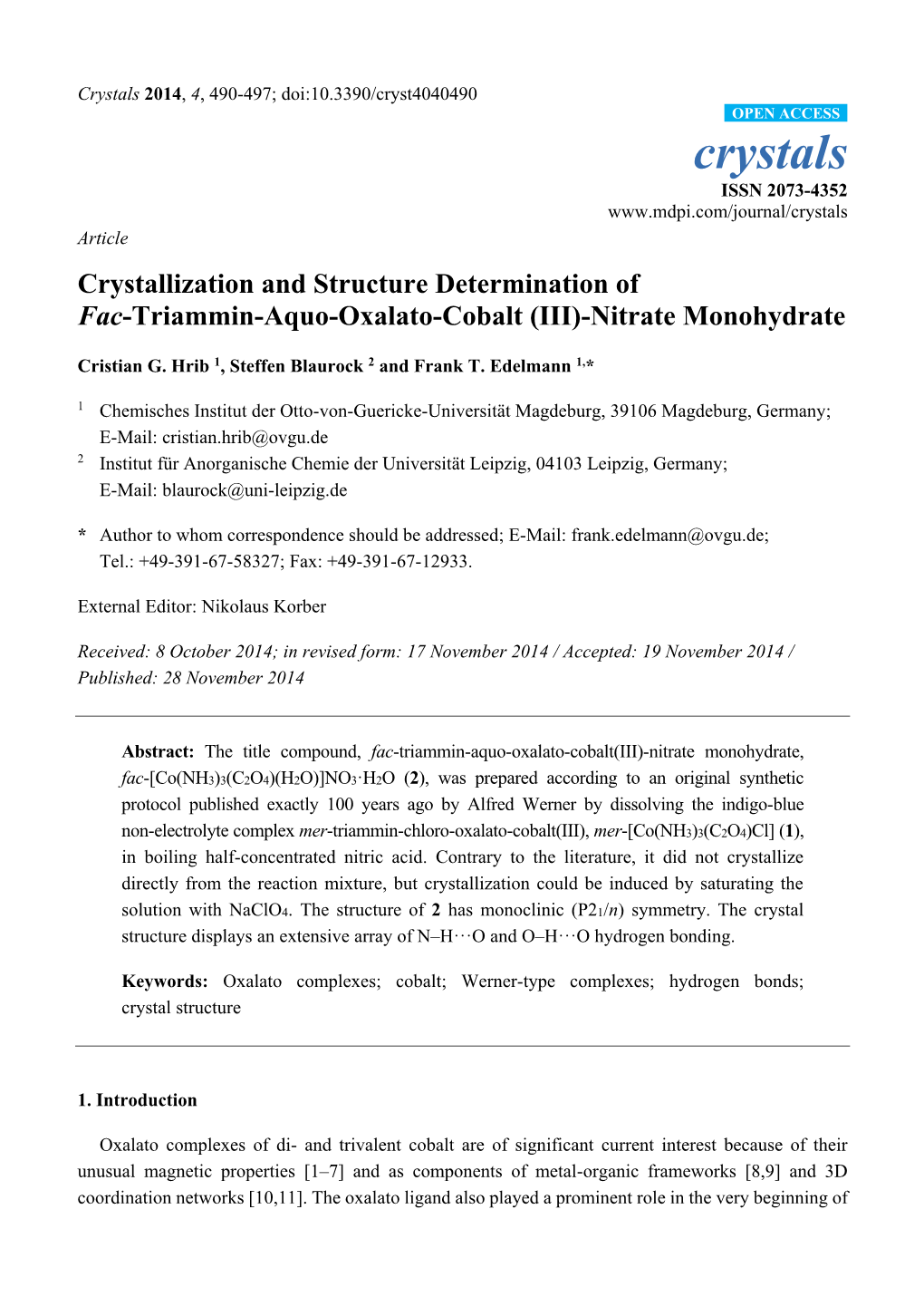 Crystallization and Structure Determination of Fac-Triammin-Aquo-Oxalato-Cobalt (III)-Nitrate Monohydrate