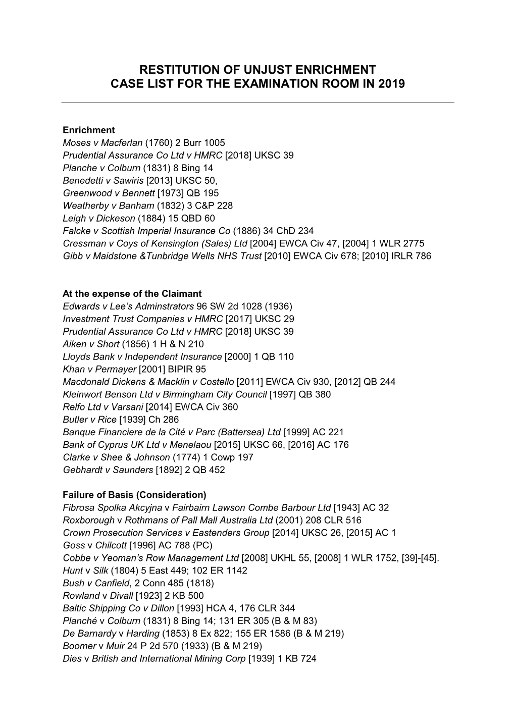 Restitution of Unjust Enrichment Case List for the Examination Room in 2019