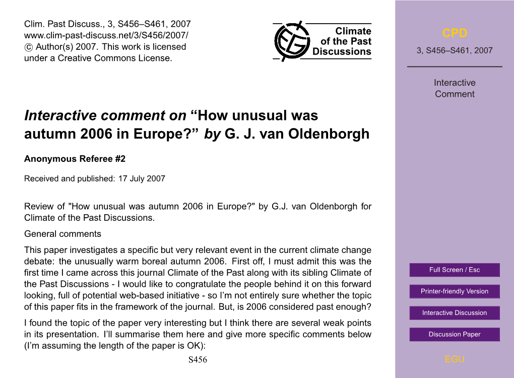 Interactive Comment on “How Unusual Was Autumn 2006 in Europe?” by G