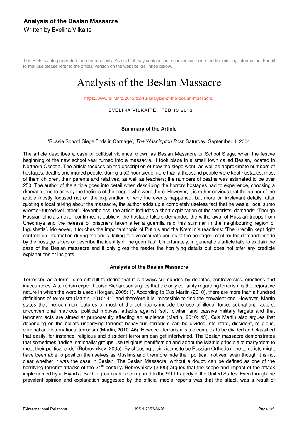 Analysis of the Beslan Massacre Written by Evelina Vilkaite