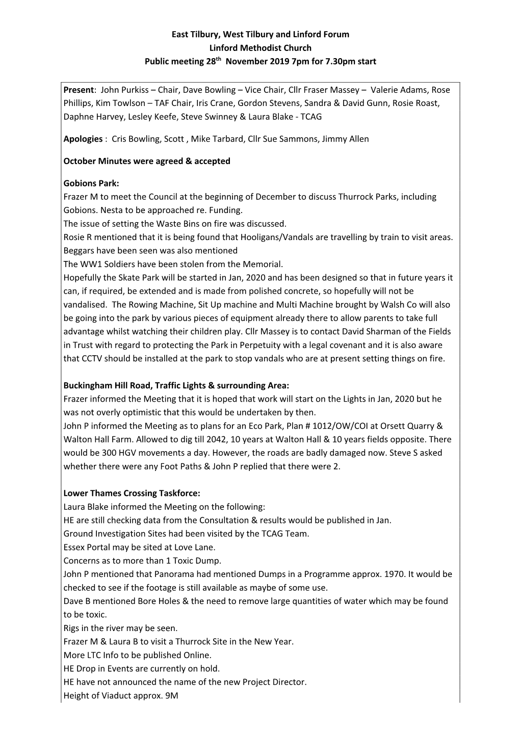 East Tilbury, West Tilbury and Linford Forum Linford Methodist Church Public Meeting 28Th November 2019 7Pm for 7.30Pm Start