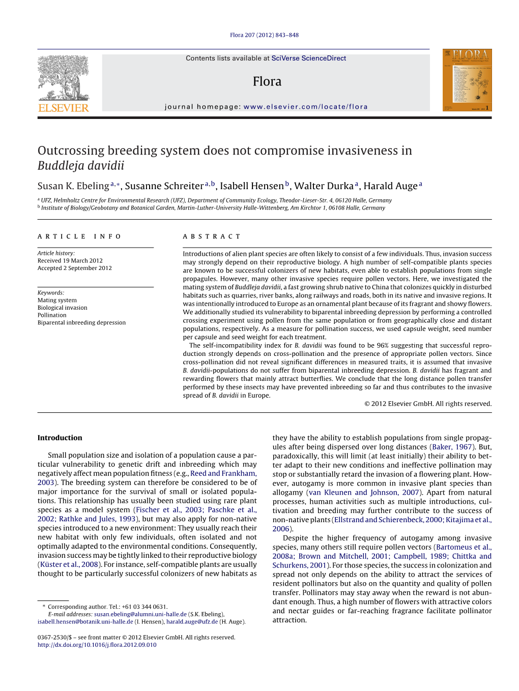 Outcrossing Breeding System Does Not Compromise Invasiveness in Buddleja Davidii