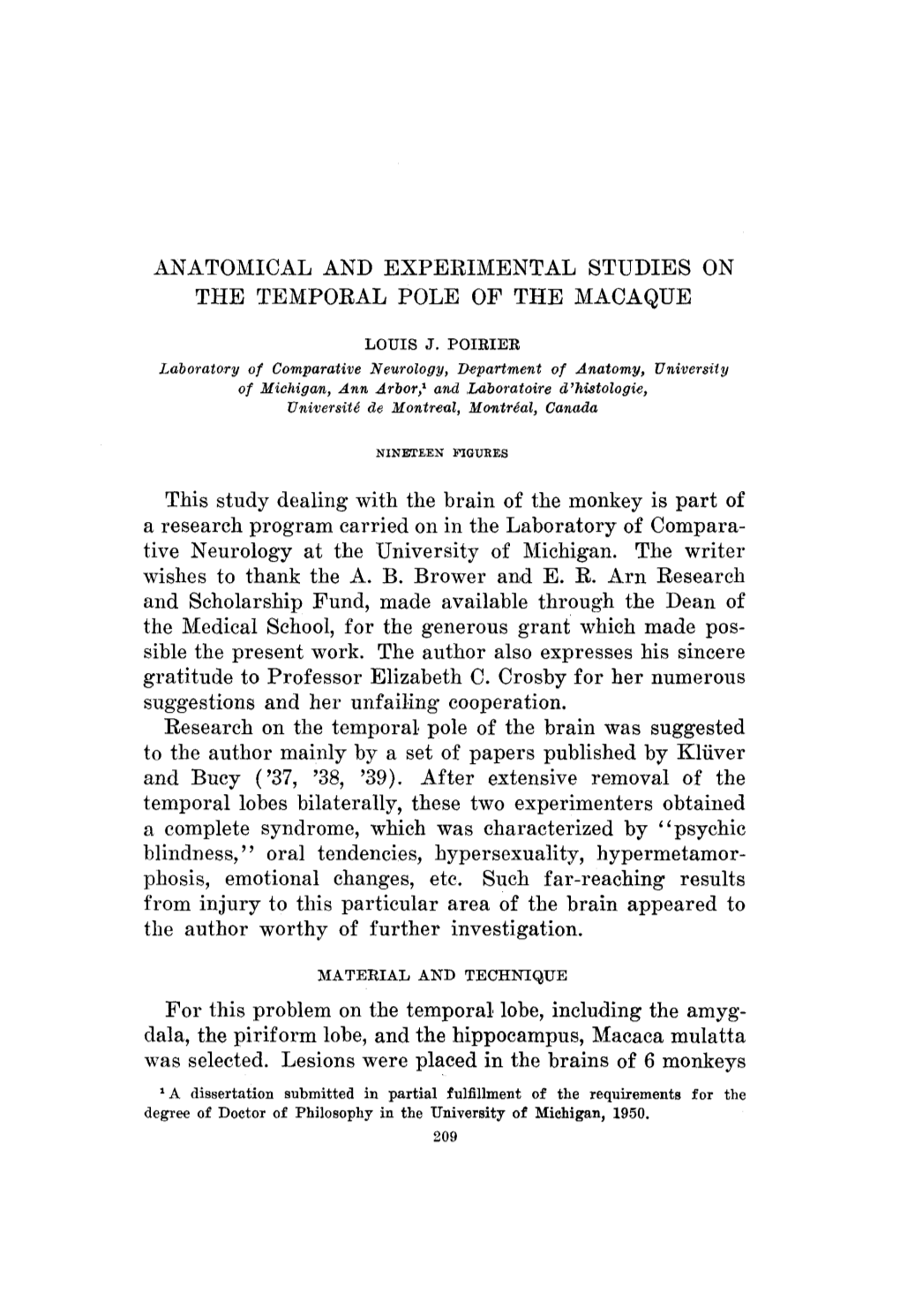 Anatomical and Experimental Studies on the Temporal Pole of the Macaque