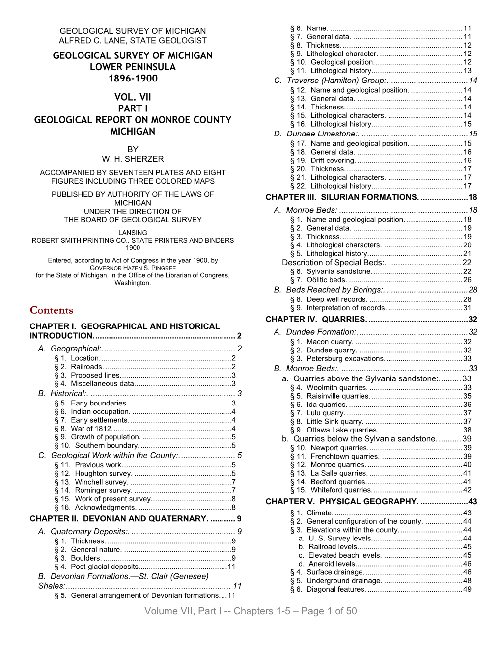 Geological Survey of Michigan Lower Peninsula 1896-1900 Vol. Vii Part I