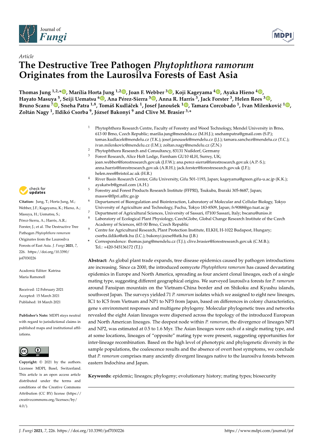 The Destructive Tree Pathogen Phytophthora Ramorum Originates from the Laurosilva Forests of East Asia