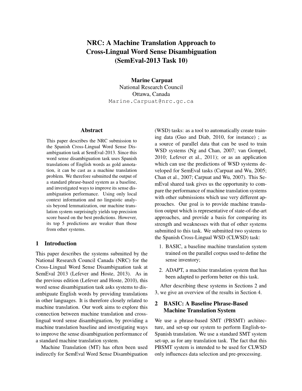 A Machine Translation Approach to Cross-Lingual Word Sense Disambiguation (Semeval-2013 Task 10)