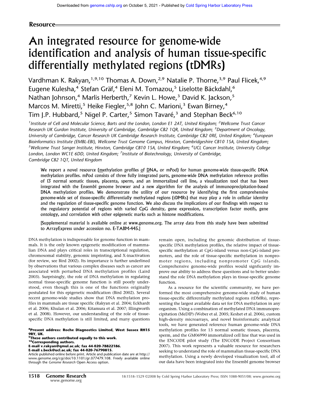 An Integrated Resource for Genome-Wide Identification and Analysis of Human Tissue-Specific Differentially Methylated Regions (Tdmrs)