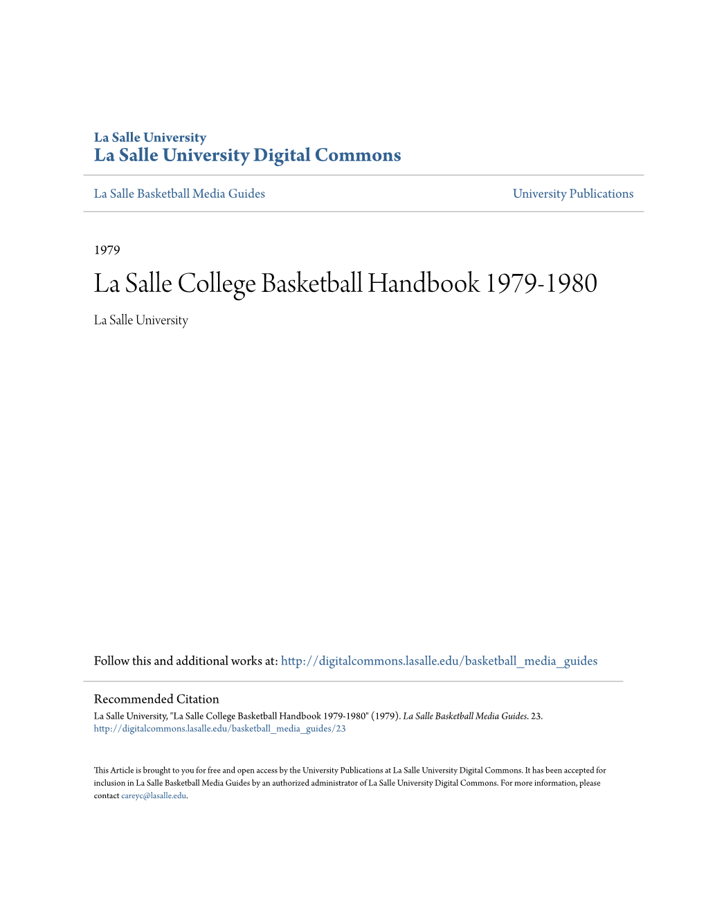 La Salle College Basketball Handbook 1979-1980 La Salle University