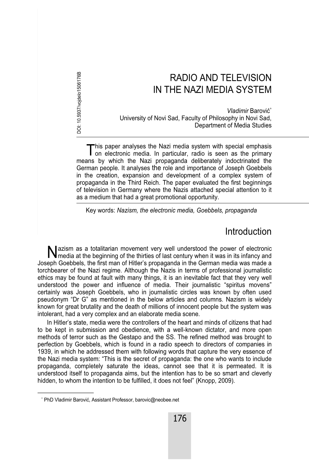 RADIO and TELEVISION in the NAZI MEDIA SYSTEM Introduction