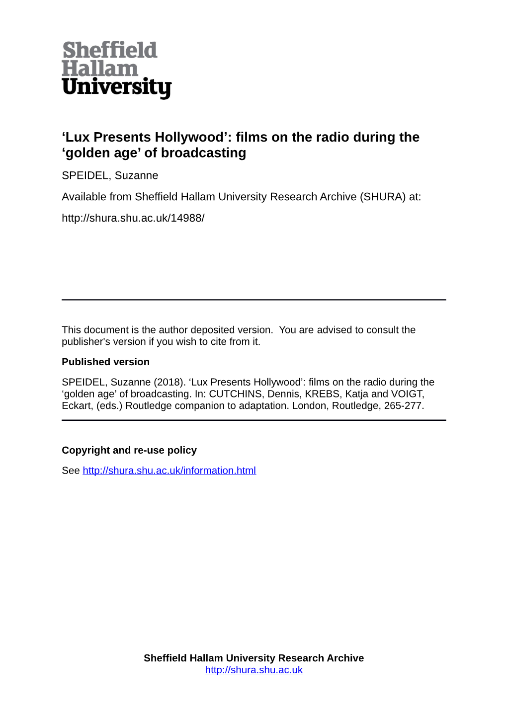 'Lux Presents Hollywood': Films on the Radio During the 'Golden Age' Of