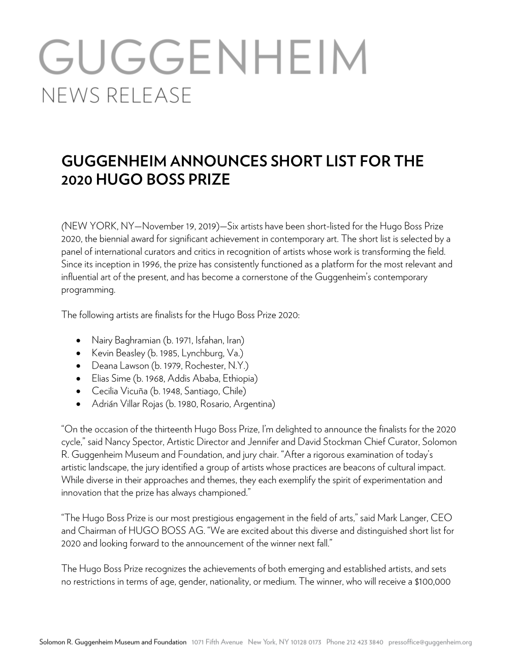 Guggenheim Announces Short List for the 2020 Hugo Boss Prize