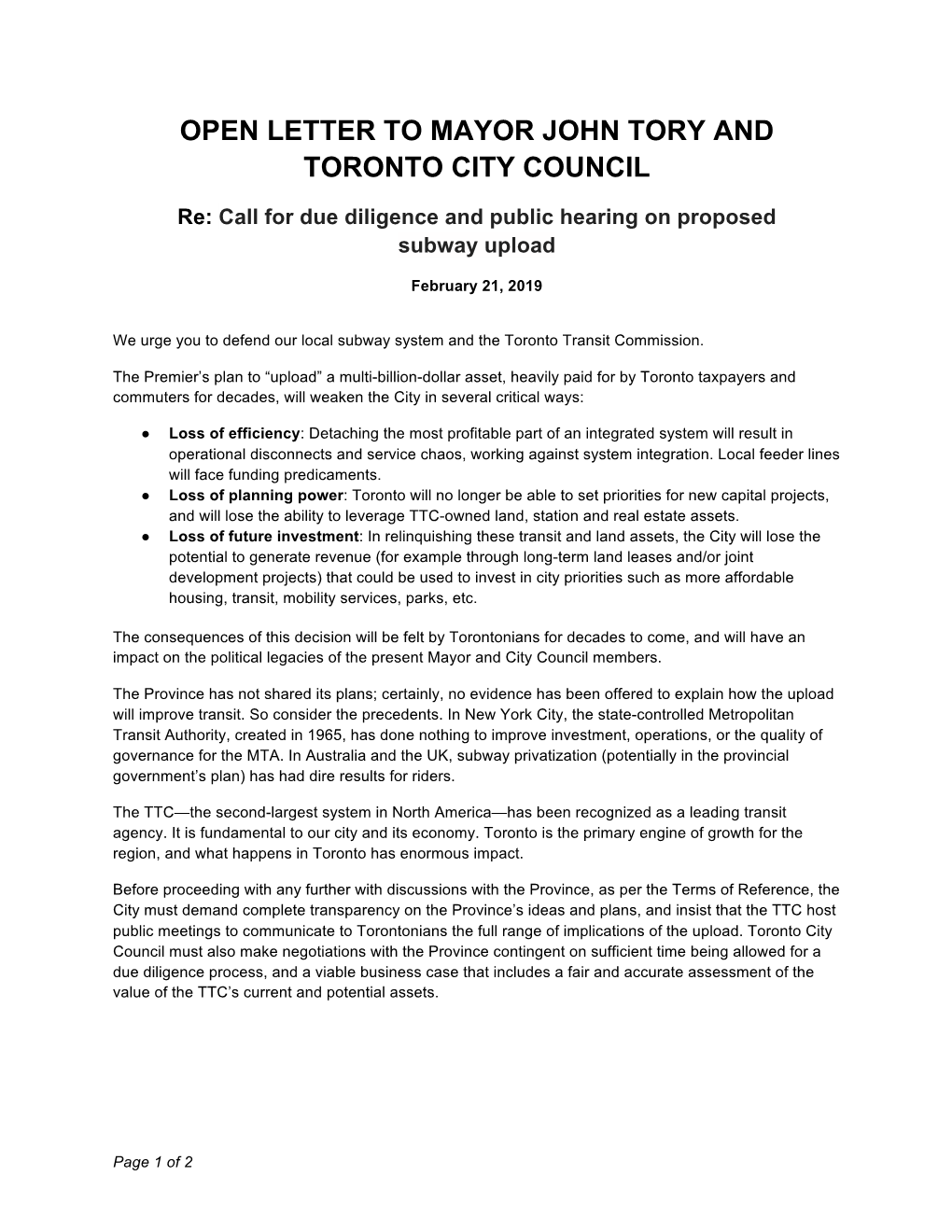 Open Letter to Mayor John Tory and Toronto City Council