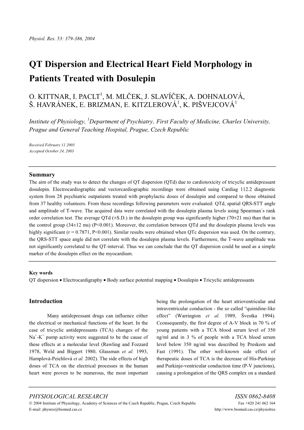 QT Dispersion and Electrical Heart Field Morphology in Patients Treated with Dosulepin