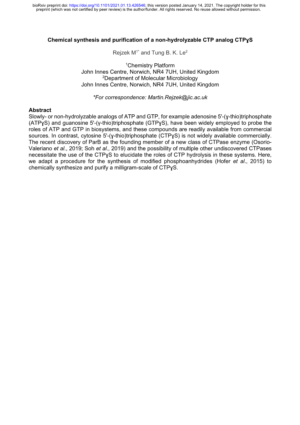 Chemical Synthesis and Purification of a Non-Hydrolyzable CTP Analog Ctpɣs