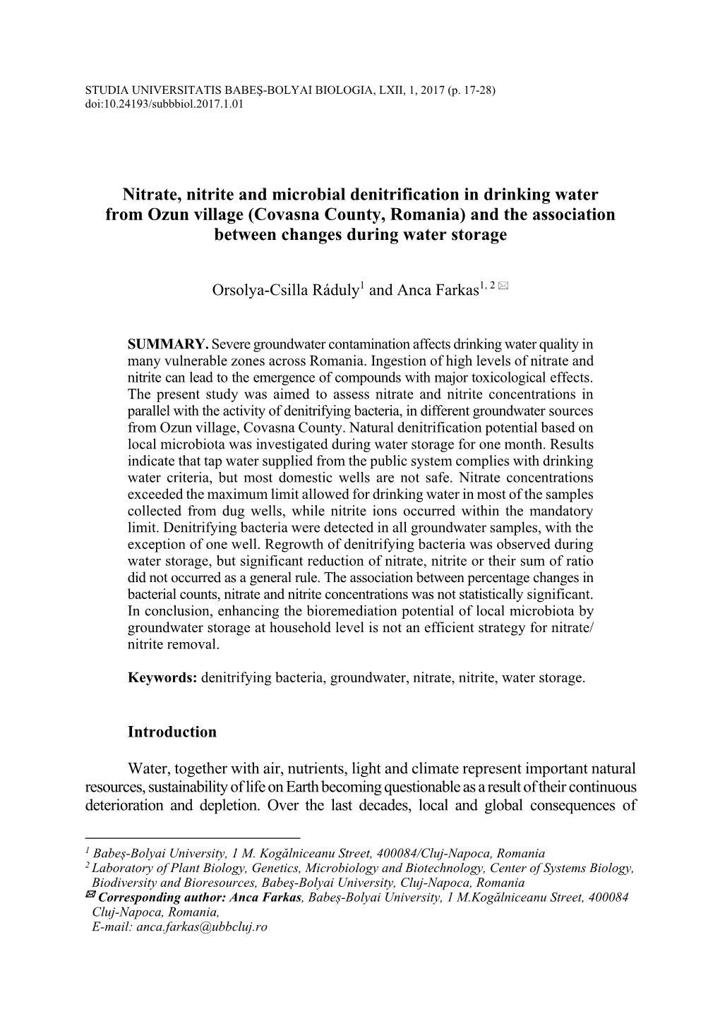 Nitrate, Nitrite and Microbial Denitrification in Drinking Water from Ozun Village (Covasna County, Romania) and the Association Between Changes During Water Storage
