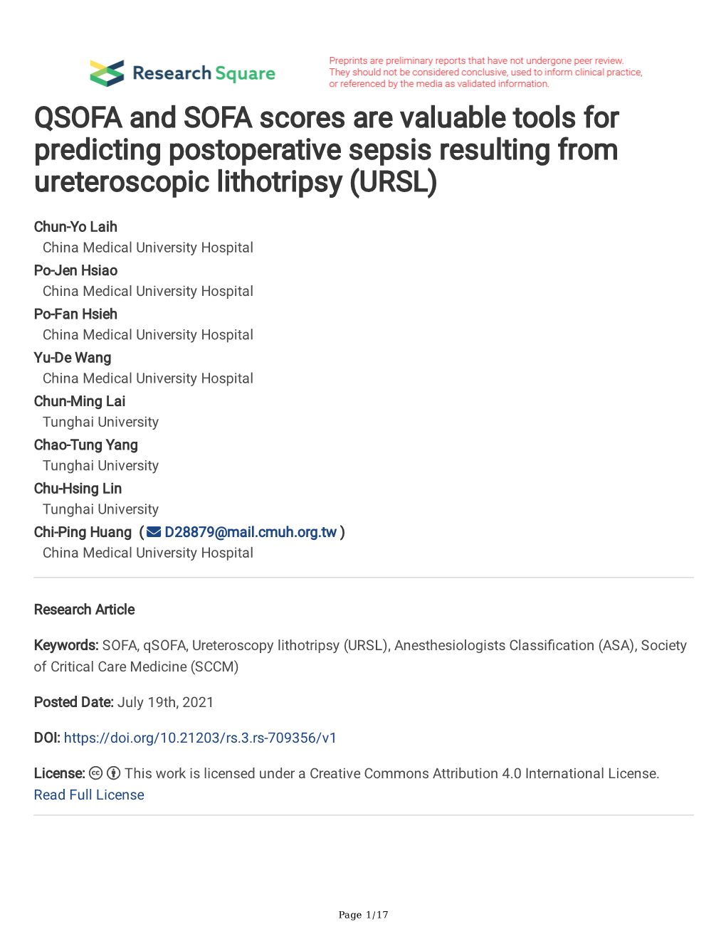 QSOFA and SOFA Scores Are Valuable Tools for Predicting Postoperative Sepsis Resulting from Ureteroscopic Lithotripsy (URSL)