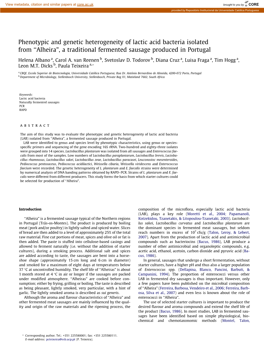 Phenotypic and Genetic Heterogeneity of Lactic Acid Bacteria Isolated from ‘‘Alheira”, a Traditional Fermented Sausage Produced in Portugal