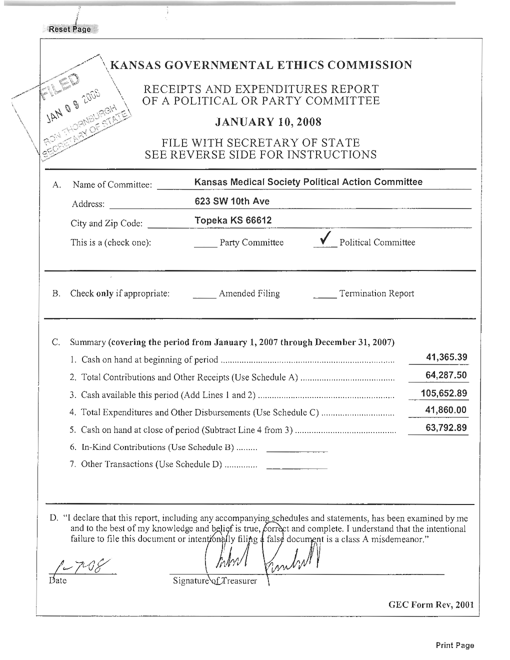 \, Kansas Governmental Ethics Commission Receipts And