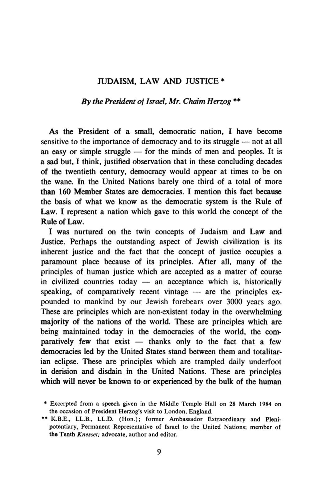 JUDAISM, LAW and JUSTICE * by the President of Israel, Mr. Chaim