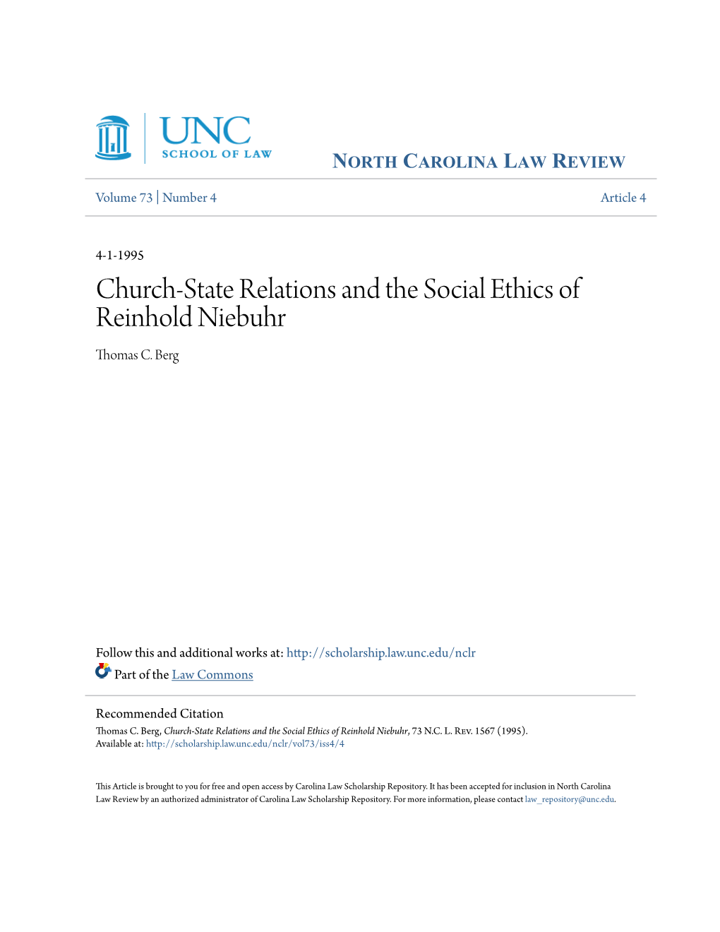 Church-State Relations and the Social Ethics of Reinhold Niebuhr Thomas C