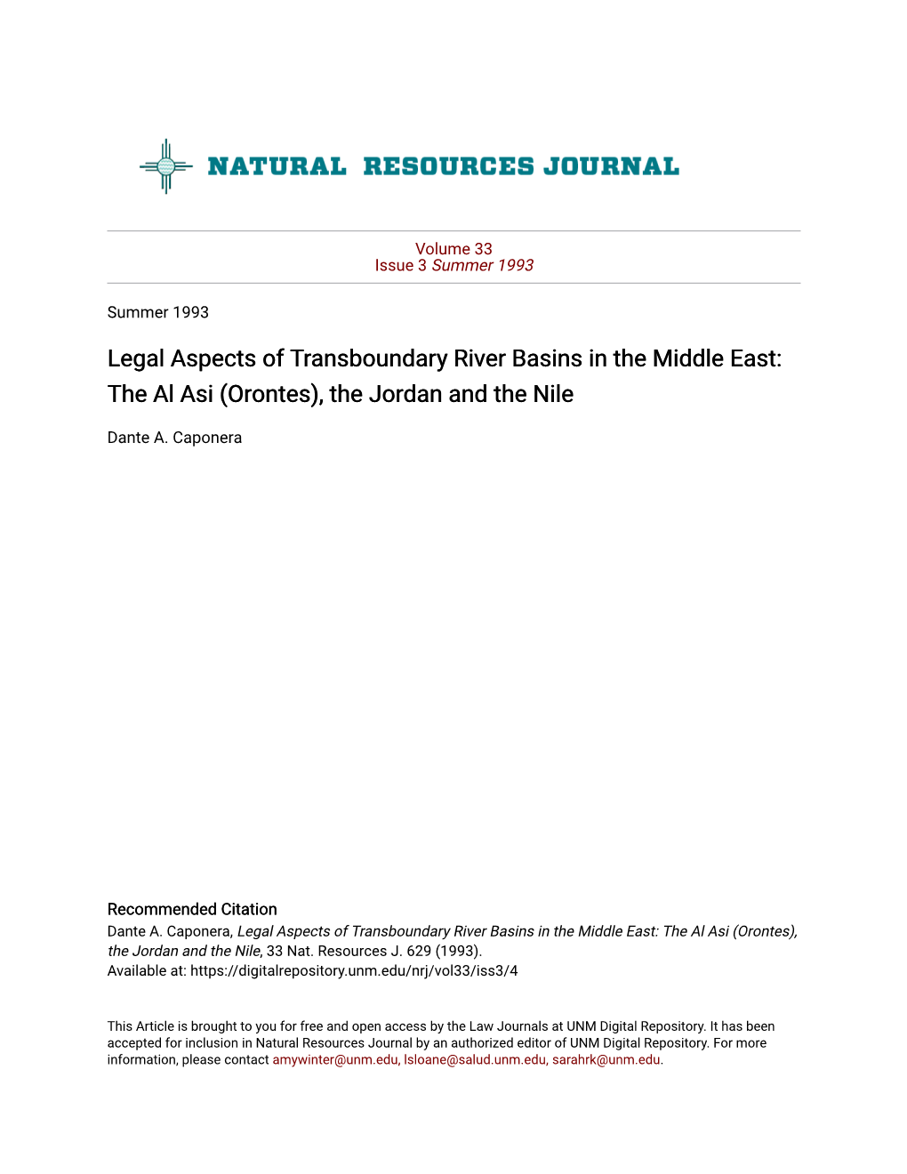 Legal Aspects of Transboundary River Basins in the Middle East: the Al Asi (Orontes), the Jordan and the Nile