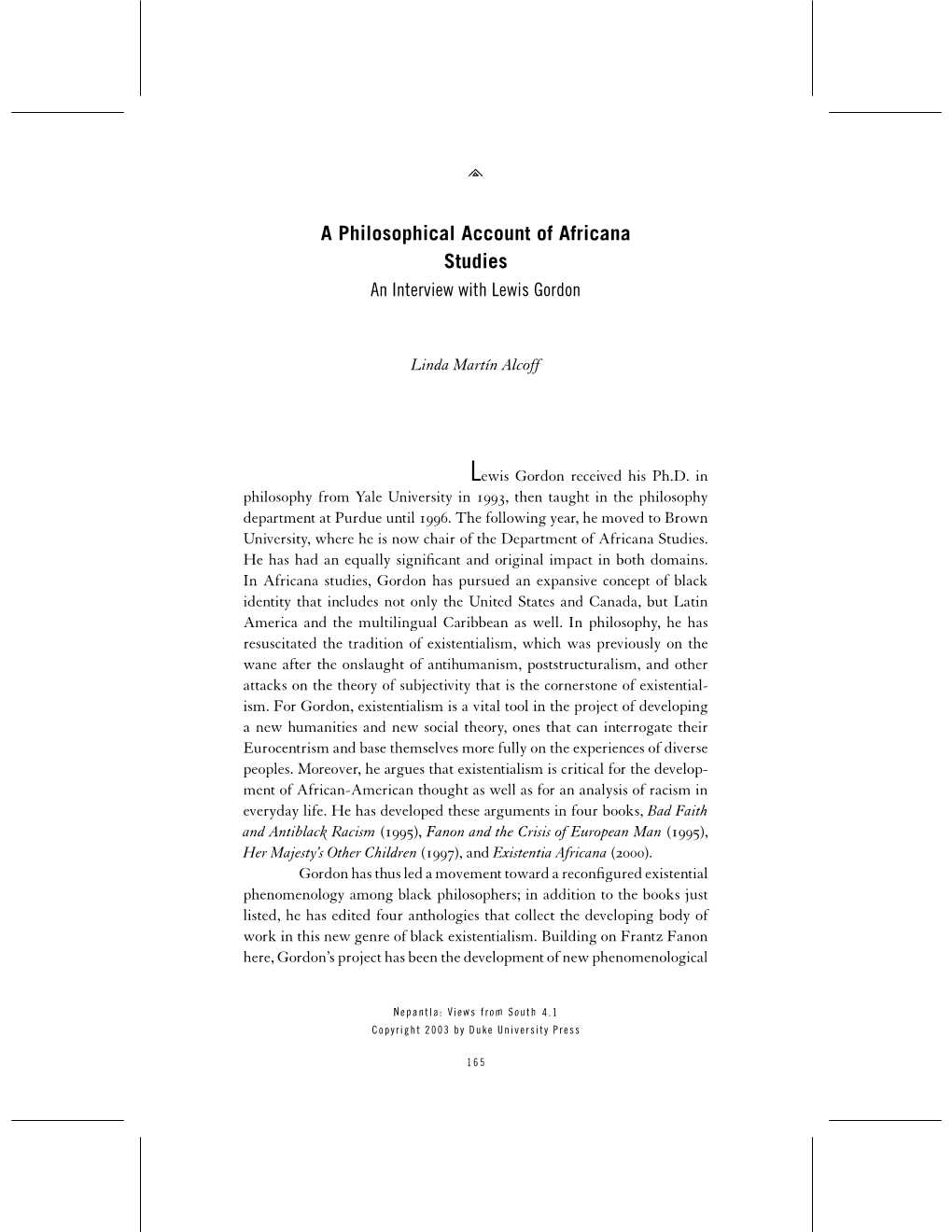 A Philosophical Account of Africana Studies an Interview with Lewis Gordon