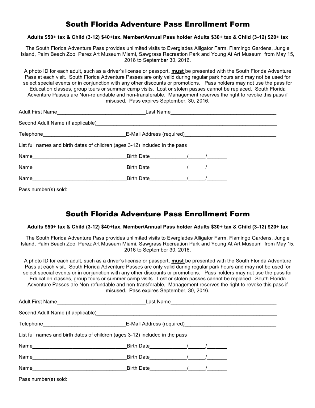 South Florida Adventure Pass Enrollment Form South Florida