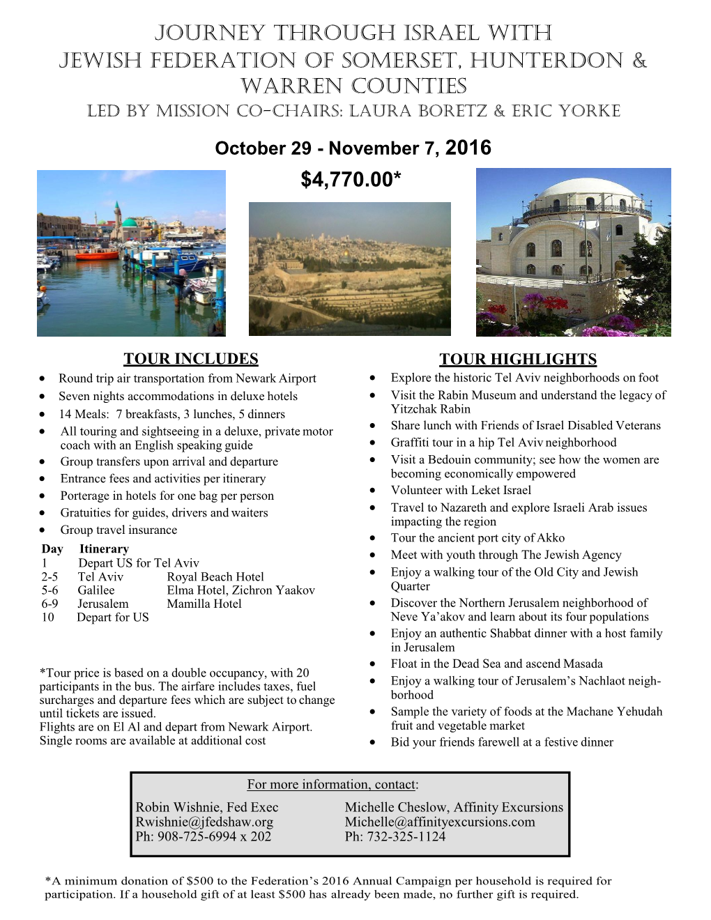 Journey Through Israel with Jewish Federation of Somerset, Hunterdon & Warren Counties $4,770.00*