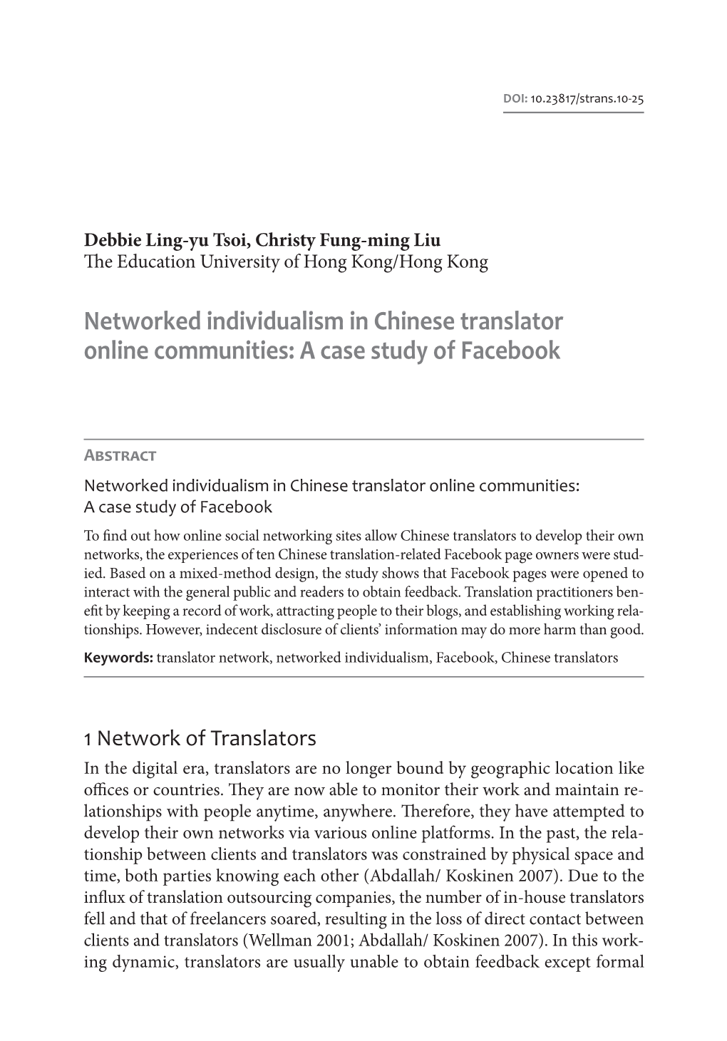 Networked Individualism in Chinese Translator Online Communities: a Case Study of Facebook