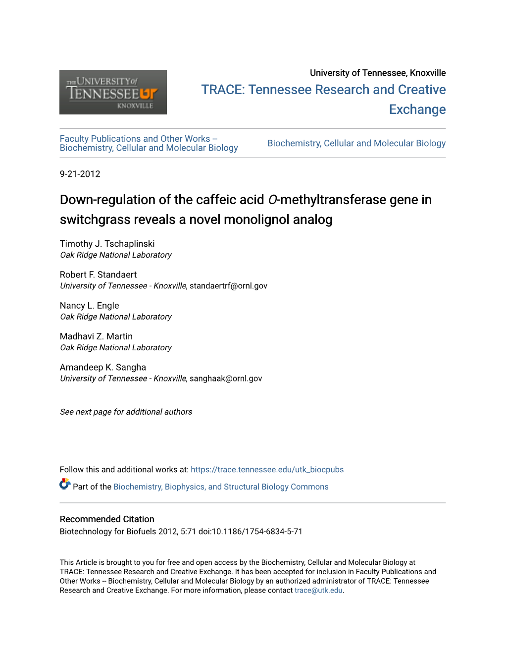 Down-Regulation of the Caffeic Acid O-Methyltransferase Gene in Switchgrass Reveals a Novel Monolignol Analog