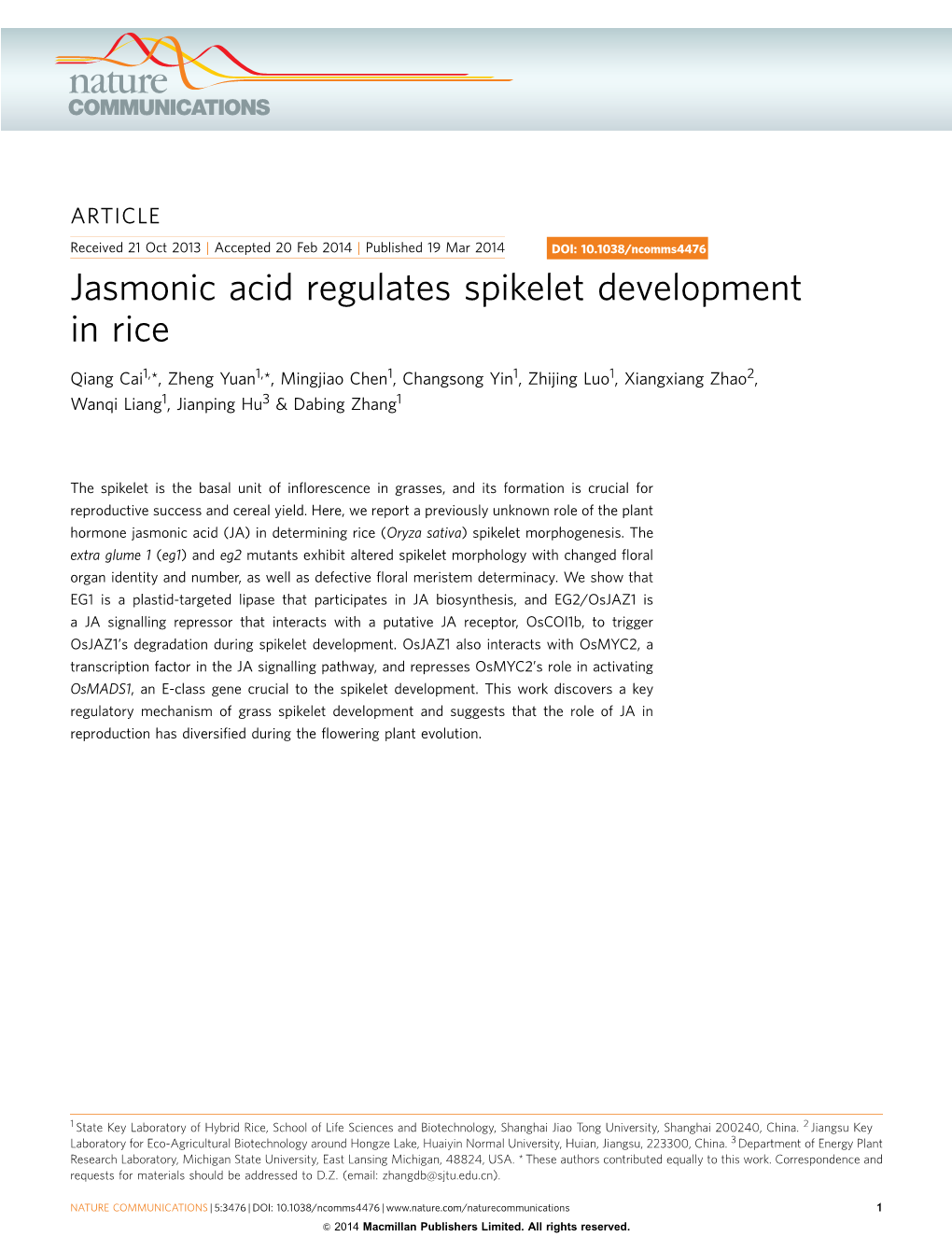 Jasmonic Acid Regulates Spikelet Development in Rice