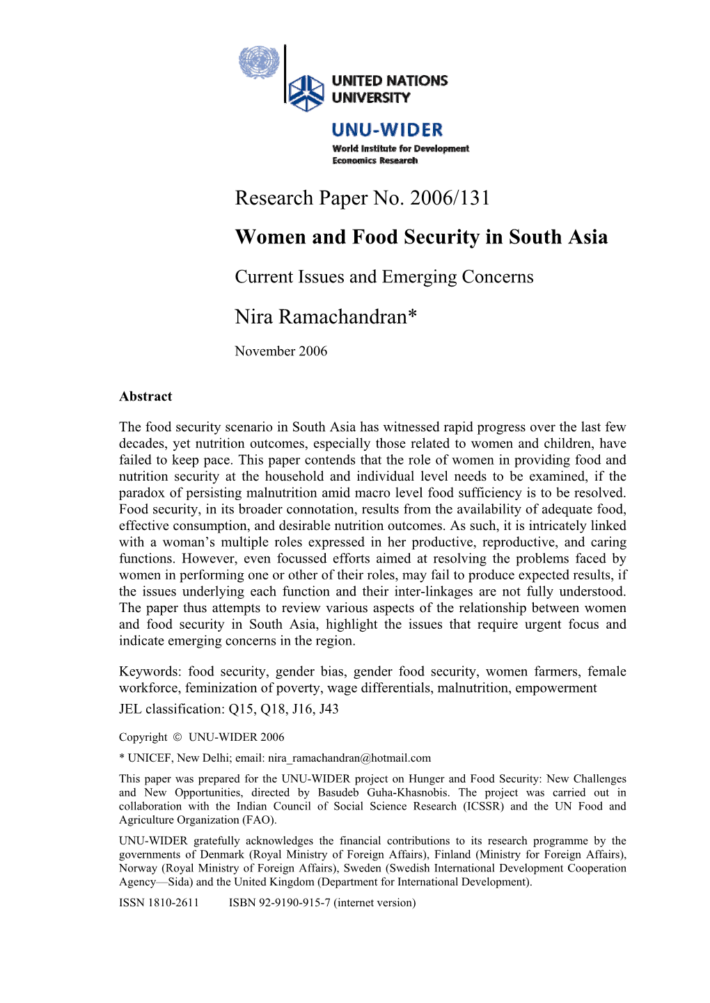 WIDER Research Paper 2006/131 Women and Food Security in South