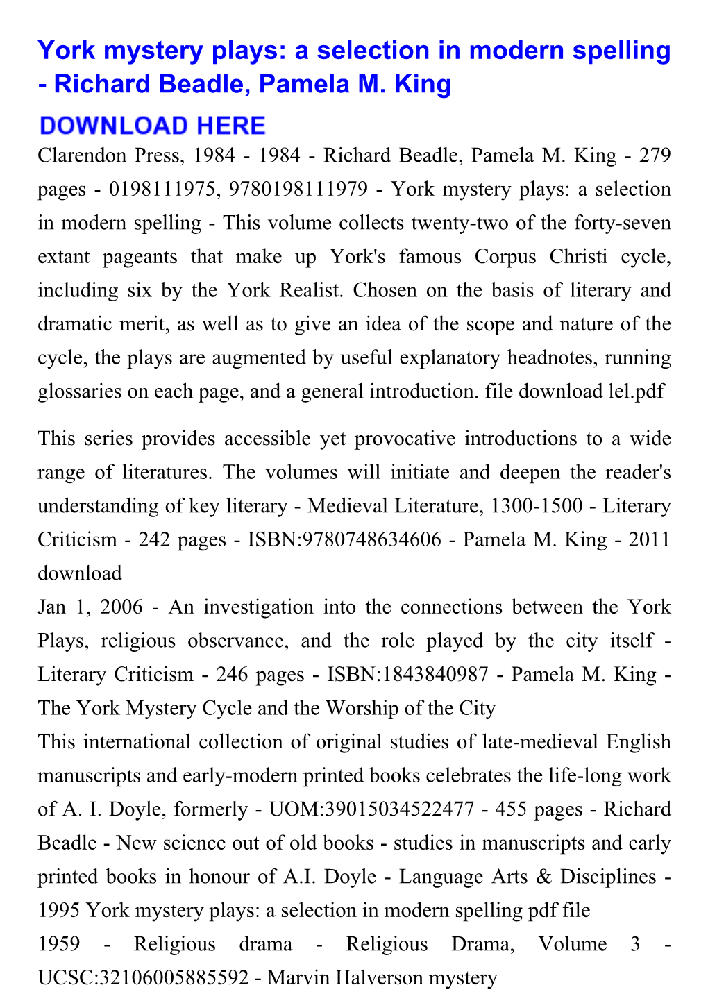 York Mystery Plays: a Selection in Modern Spelling - Richard Beadle, Pamela M