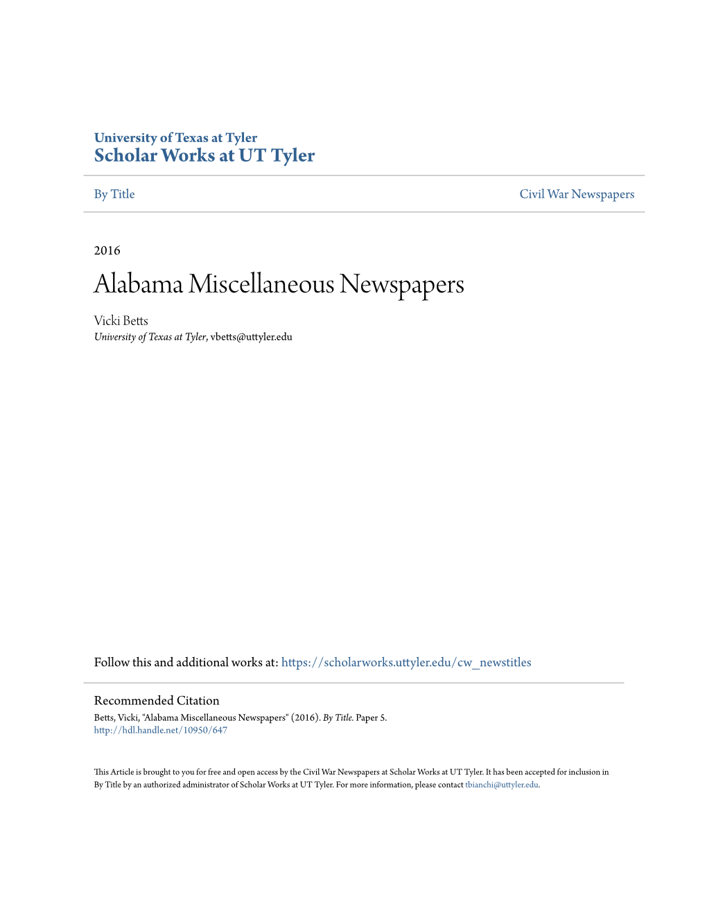 Alabama Miscellaneous Newspapers Vicki Betts University of Texas at Tyler, Vbetts@Uttyler.Edu