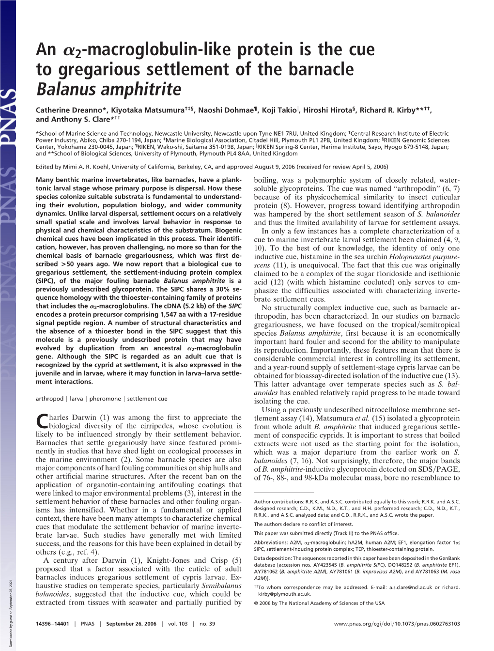 An 2-Macroglobulin-Like Protein Is the Cue to Gregarious Settlement of The