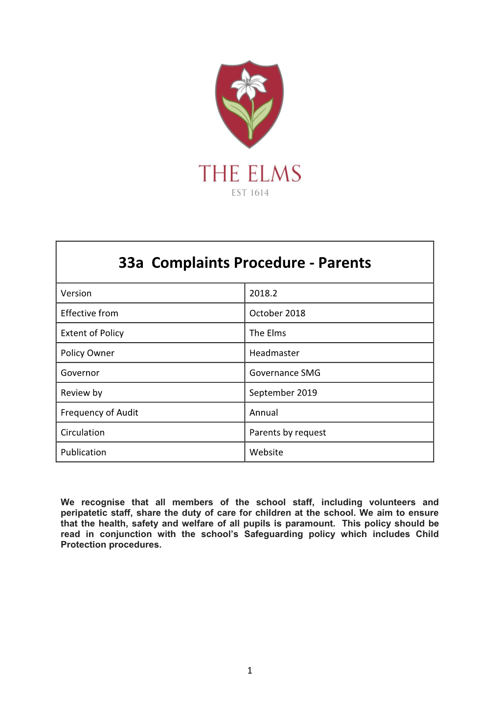 33A Complaints Procedure - Parents