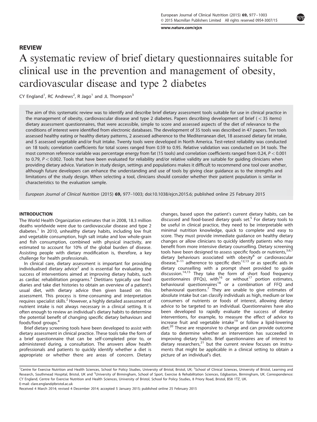 A Systematic Review of Brief Dietary Questionnaires Suitable for Clinical Use in the Prevention and Management of Obesity, Cardiovascular Disease and Type 2 Diabetes