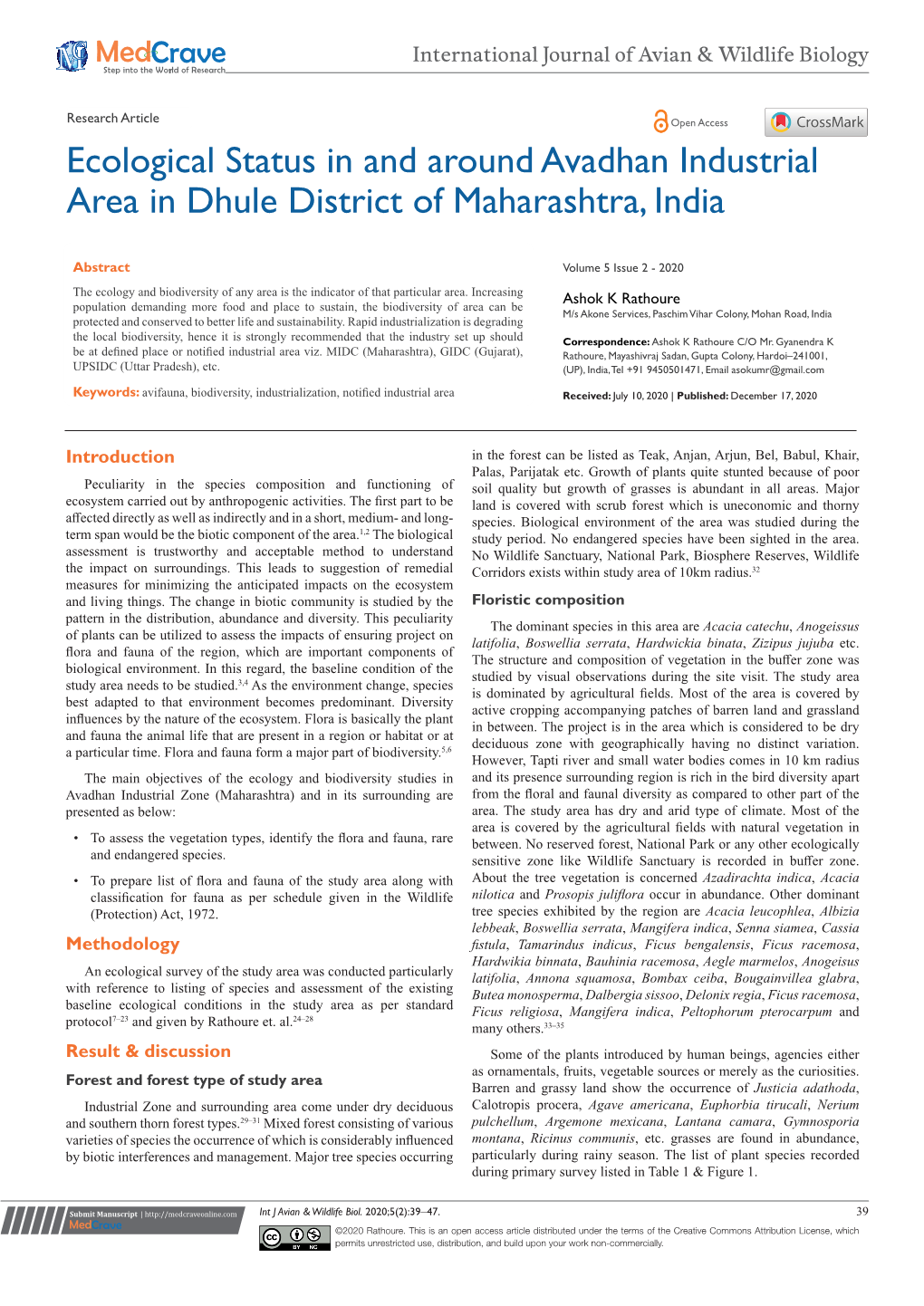 Ecological Status in and Around Avadhan Industrial Area in Dhule District of Maharashtra, India