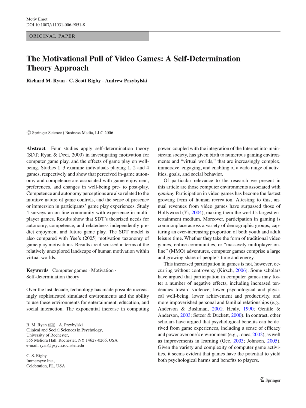 The Motivational Pull of Video Games: a Self-Determination Theory Approach