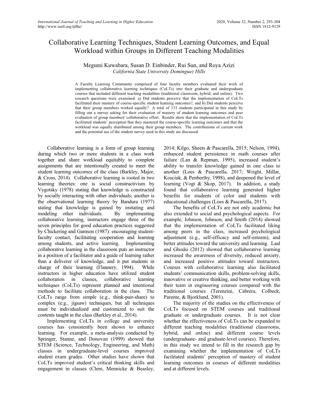 Collaborative Learning Techniques, Student Learning Outcomes, and Equal Workload Within Groups in Different Teaching Modalities