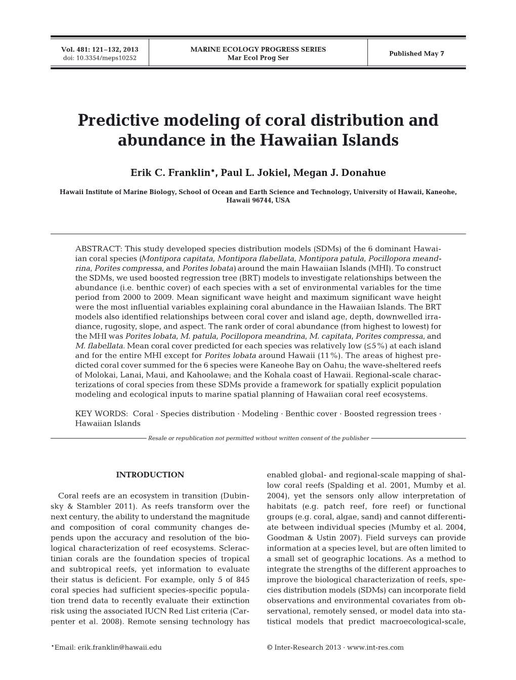 Predictive Modeling of Coral Distribution and Abundance in the Hawaiian Islands