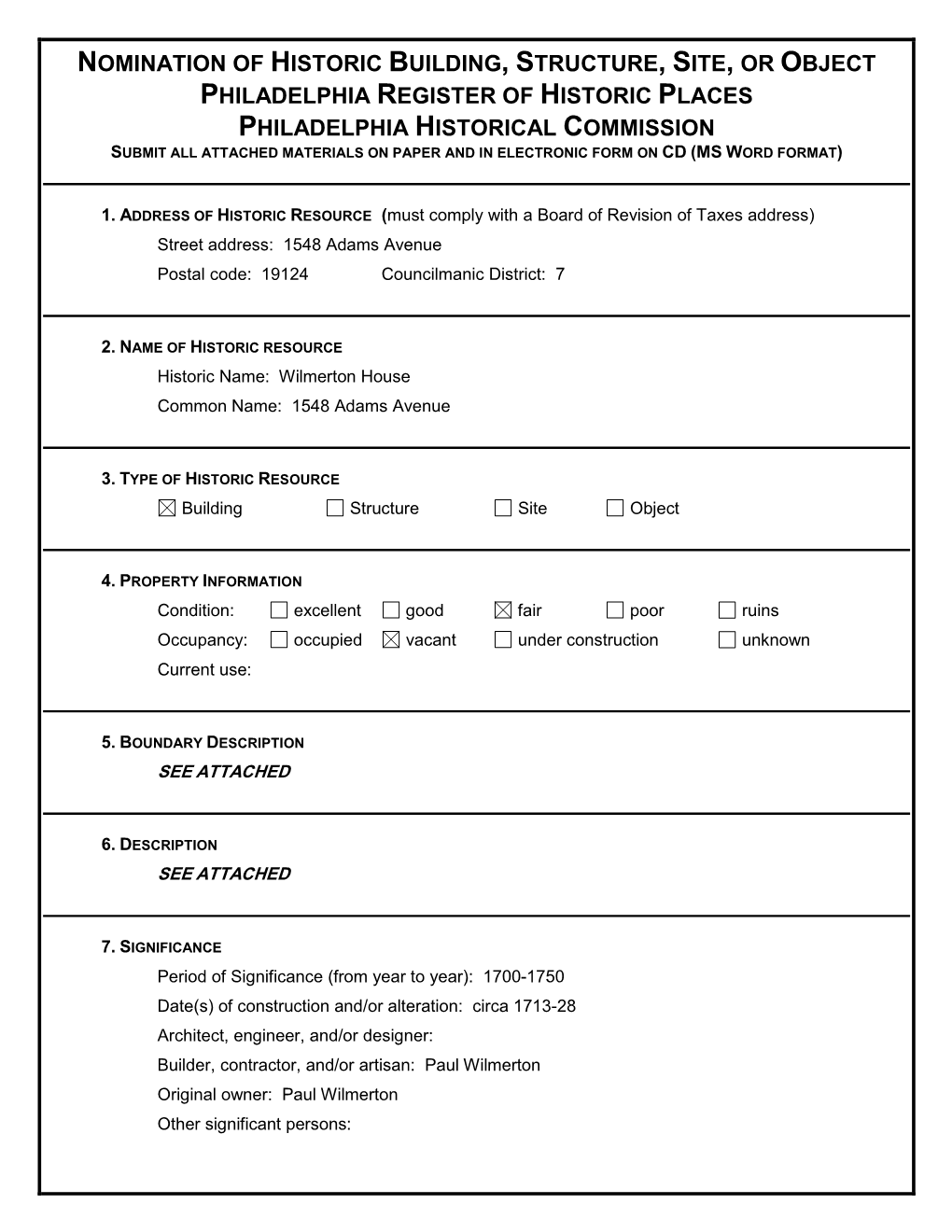 Nomination of Historic Building, Structure, Site, Or