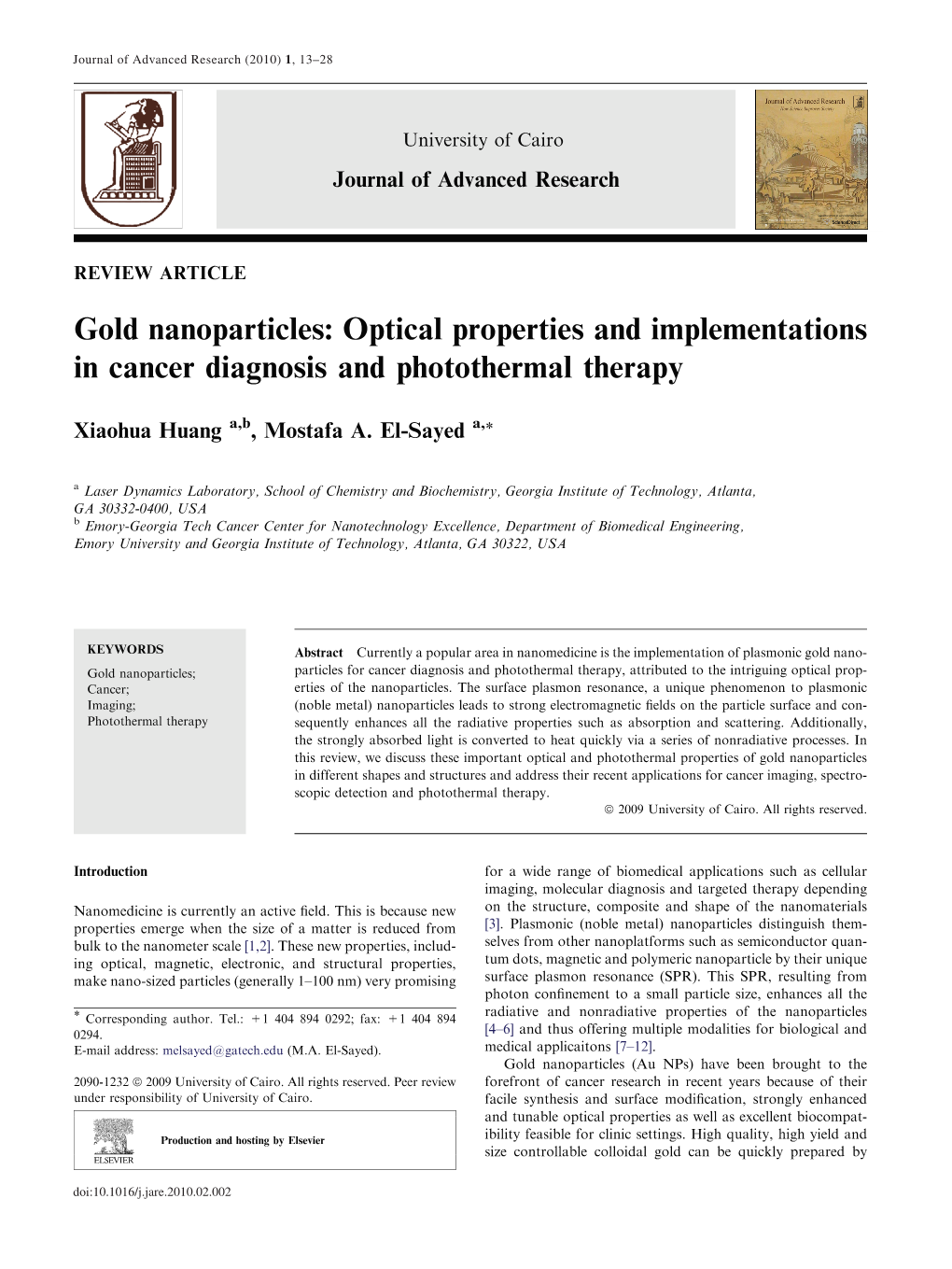 Gold Nanoparticles: Optical Properties and Implementations in Cancer Diagnosis and Photothermal Therapy
