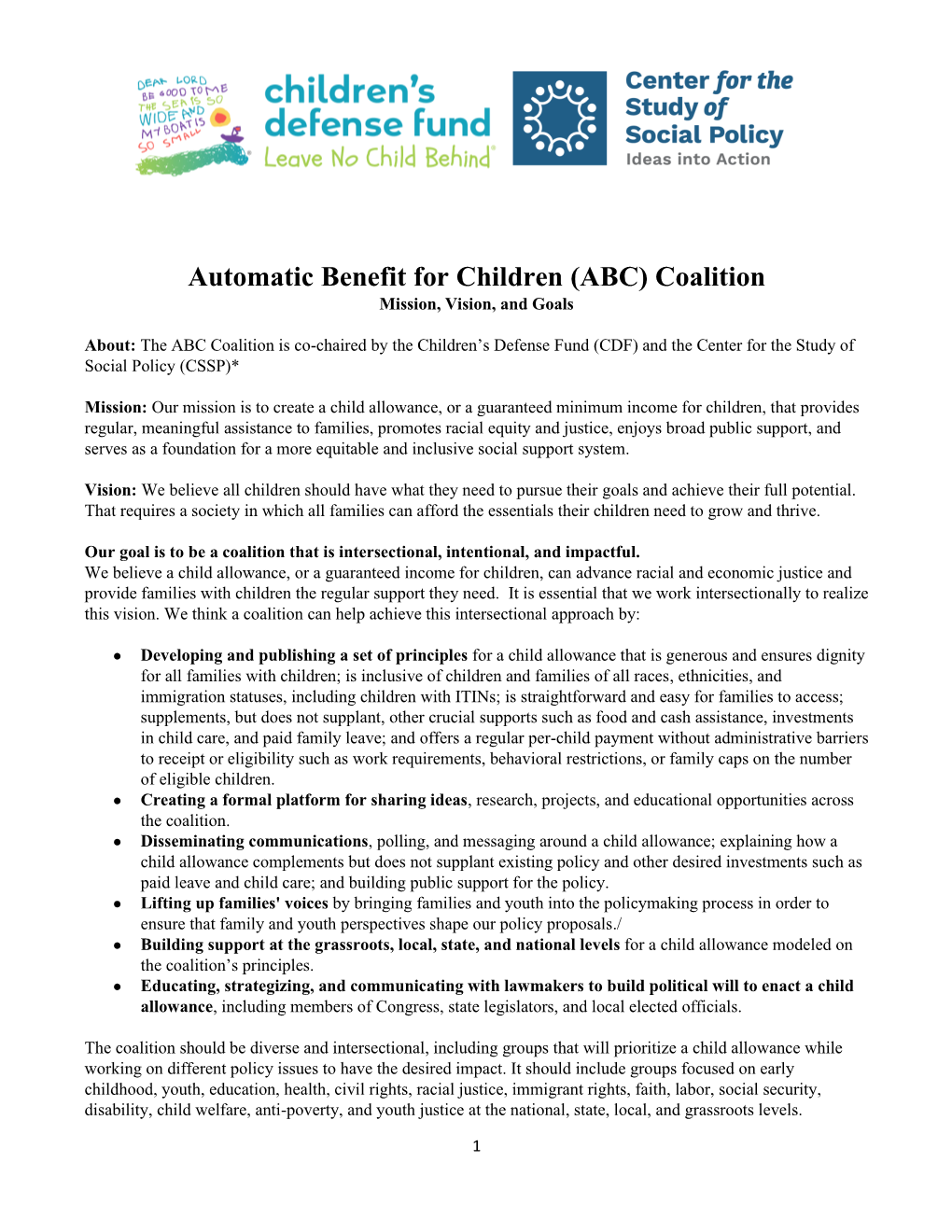 Automatic Benefit for Children (ABC) Coalition Mission, Vision, and Goals