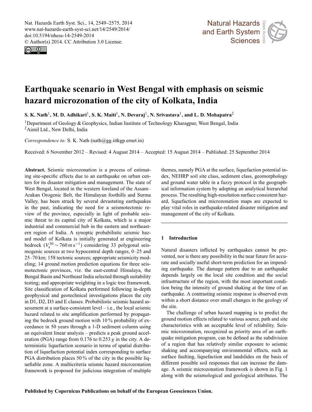 Earthquake Scenario in West Bengal with Emphasis on Seismic Hazard Microzonation of the City of Kolkata, India