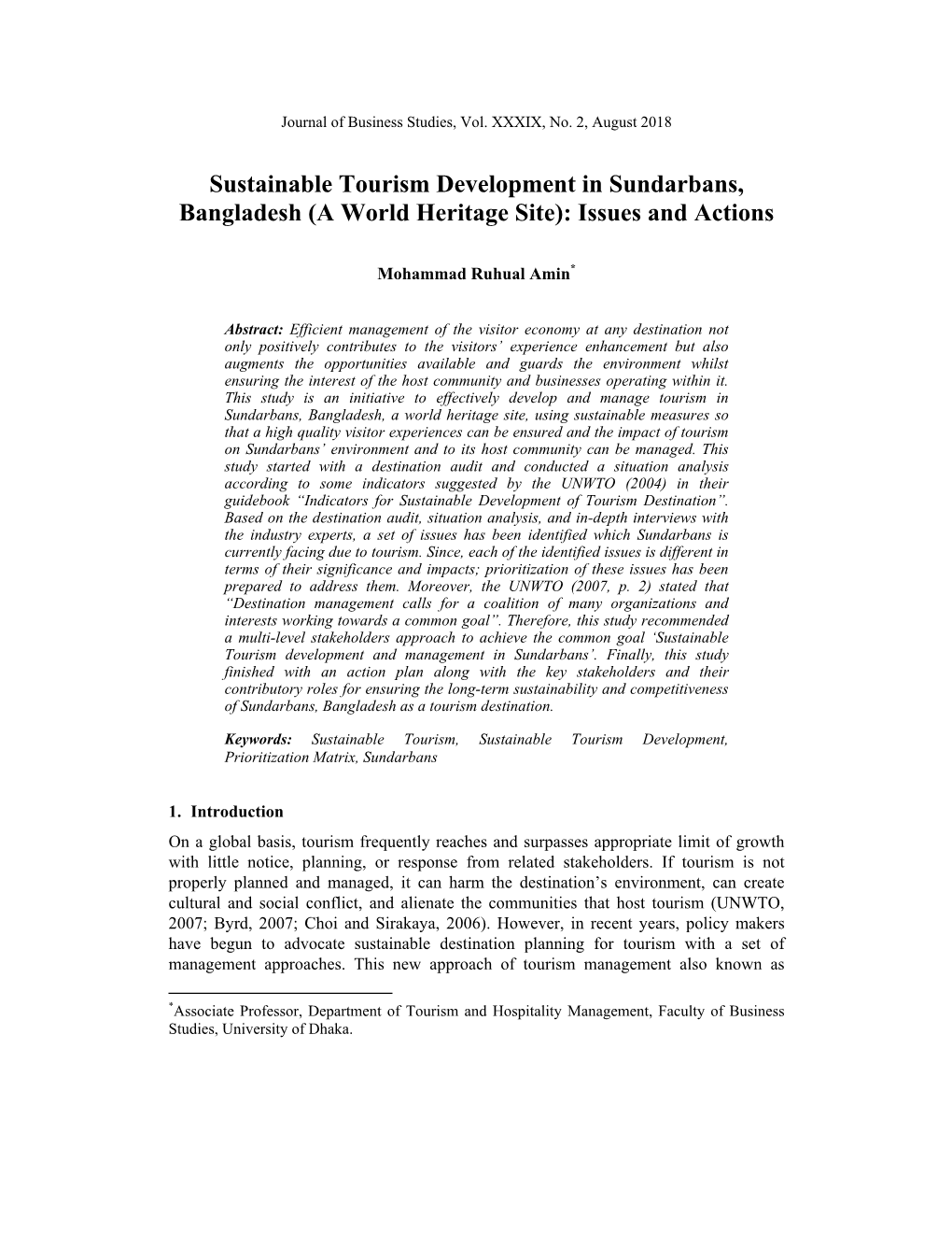 Sustainable Tourism Development in Sundarbans, Bangladesh (A World Heritage Site): Issues and Actions