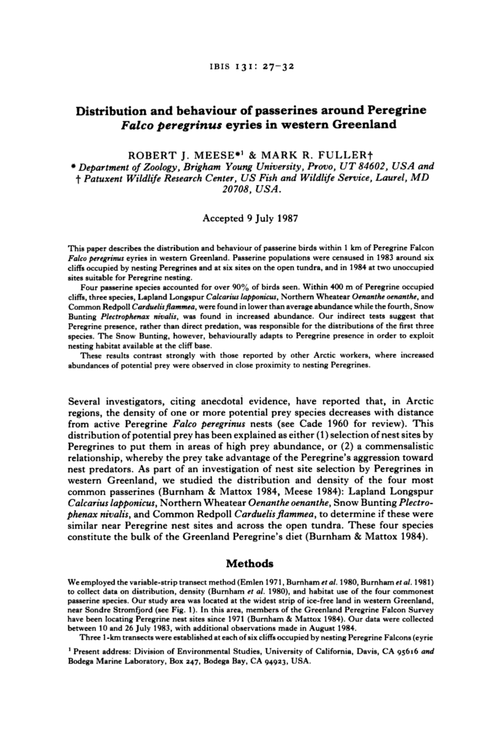 Distribution and Behaviour of Passerines Around Peregrine Falco Peregrinus Eyries in Western Greenland