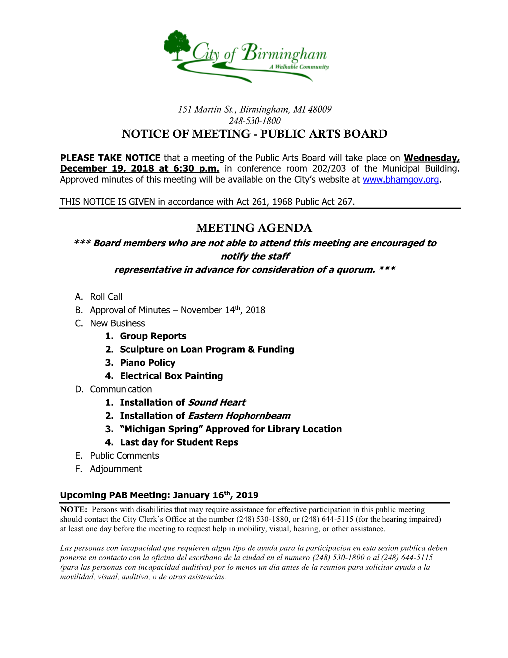 Public Arts Board Meeting Agenda