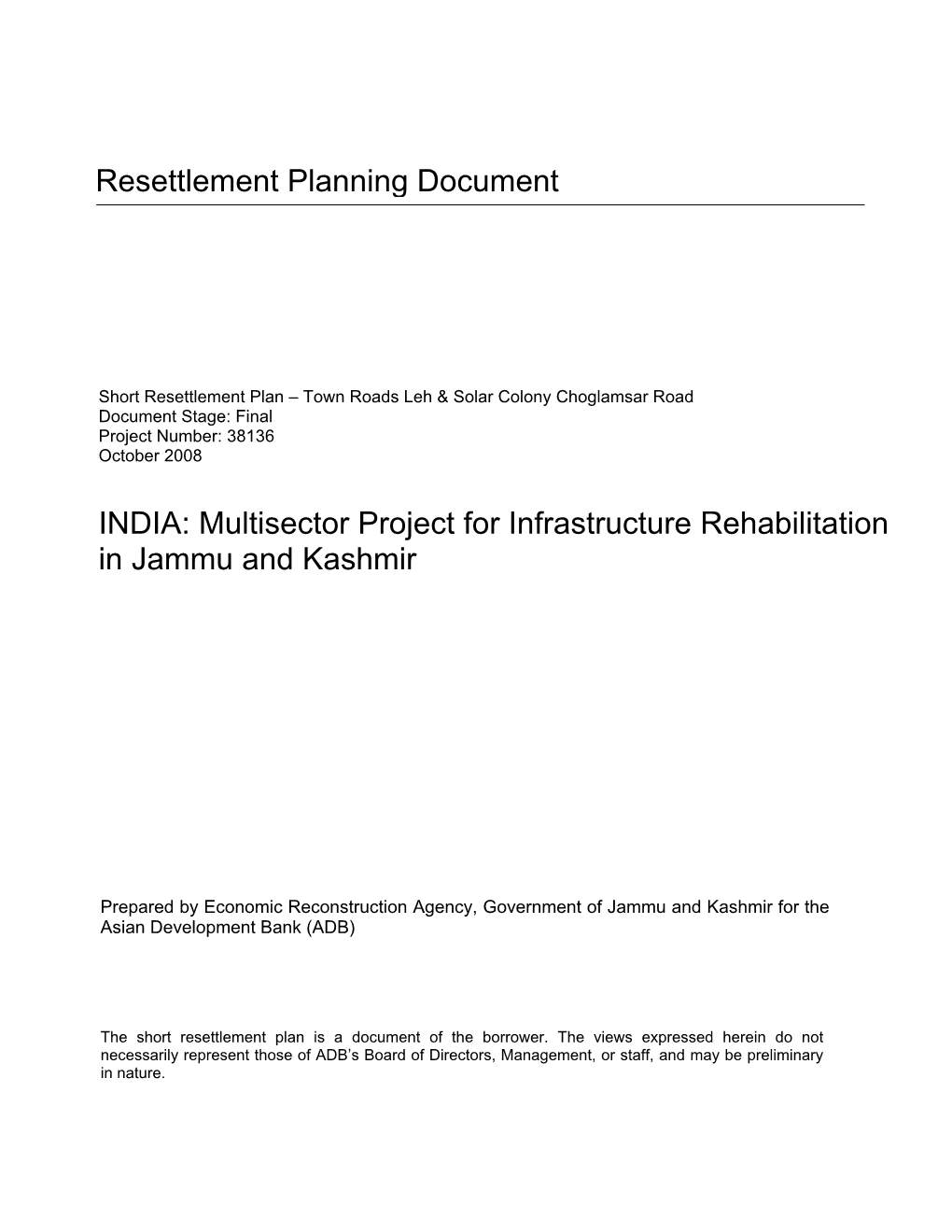 Resettlement Planning Document INDIA: Multisector Project For